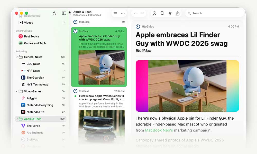Newsbin's reader mode showing a full article, including headline image