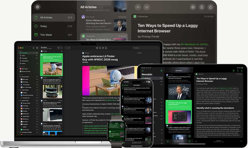 Newsbin running on iPhone, iPad, Mac and Apple Watch