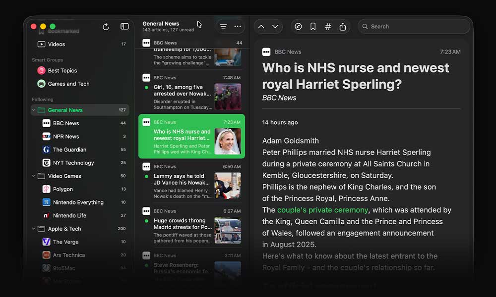 Newsbin showing reading options