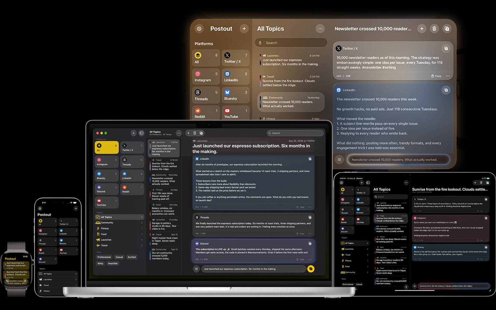 Postout running on iPhone, iPad, Mac, Apple Watch and Apple Vision Pro